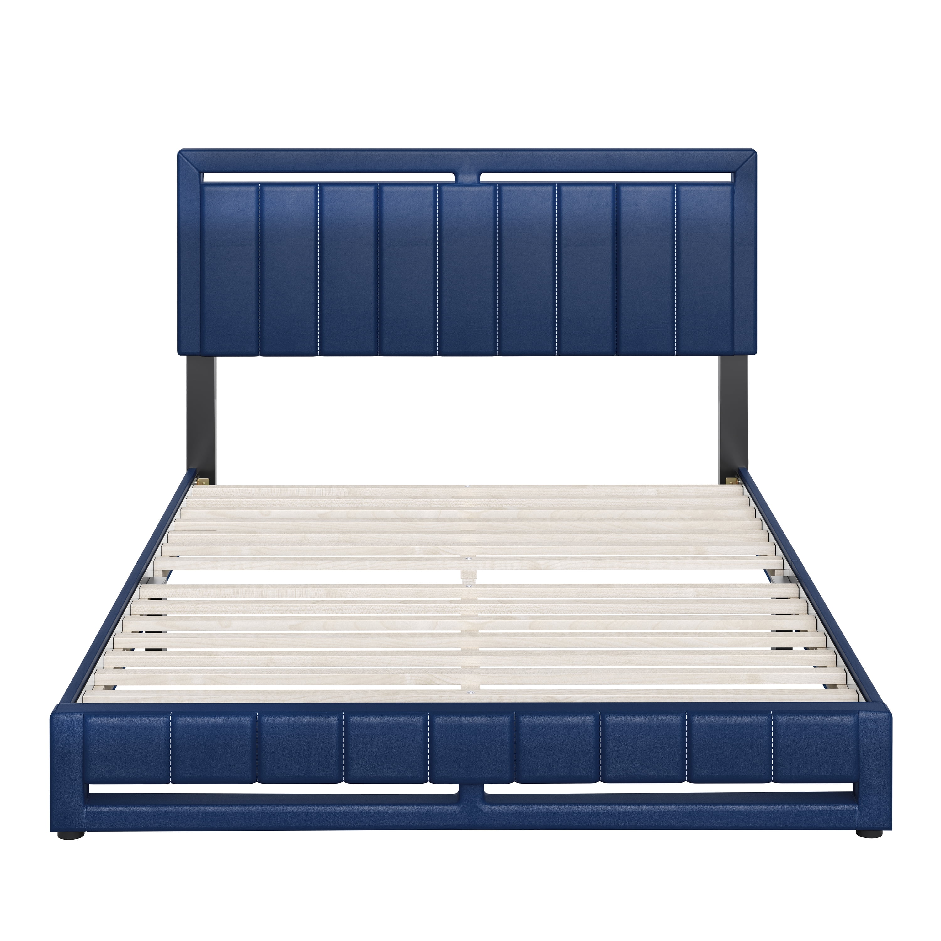 Boyd Sleep Beaumont Blue Faux Leather Full Size Fully Upholstered Platform Bed Frame with Adjustable Headboard