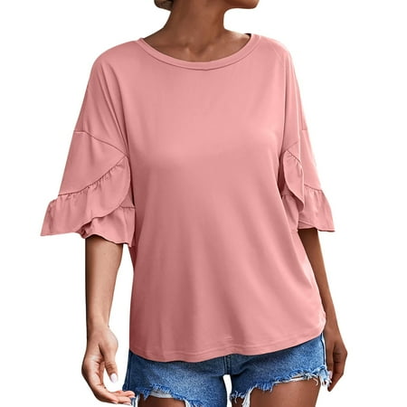 

Dtydtpe Women s Solid Color Crew Neck Double Layer Ruffle Sleeve Loose Tops Blouses Shirt Shir Blouse Blouses for Women Collar Colla Shirt Camp Jeans Cotton Pajama Shirt Women T Neck Tops for Wom