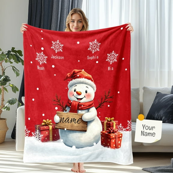 JML Personalized Christmas Blanket with Names for Adult and Family, Custom Cute Snowman Plaid Throw Blanket Customized Xmas Winter Holiday Flannel Blanket Bedroom Decor
