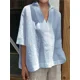 thumbnail image 3 of Camisa versátil de lino y algodón para mujer, blusa de media manga con cuello en V profundo y solapa, cómoda e informal, Color liso, 2024, 3 of 4