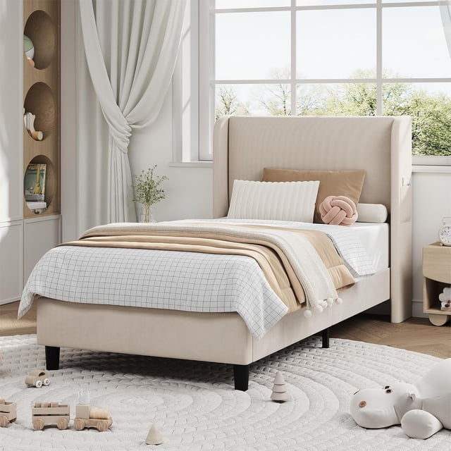 Twin Bed Frame with Headboad and Wingback, Elegant Vertical Stripe Design Velvet Upholstered Bed Frame with