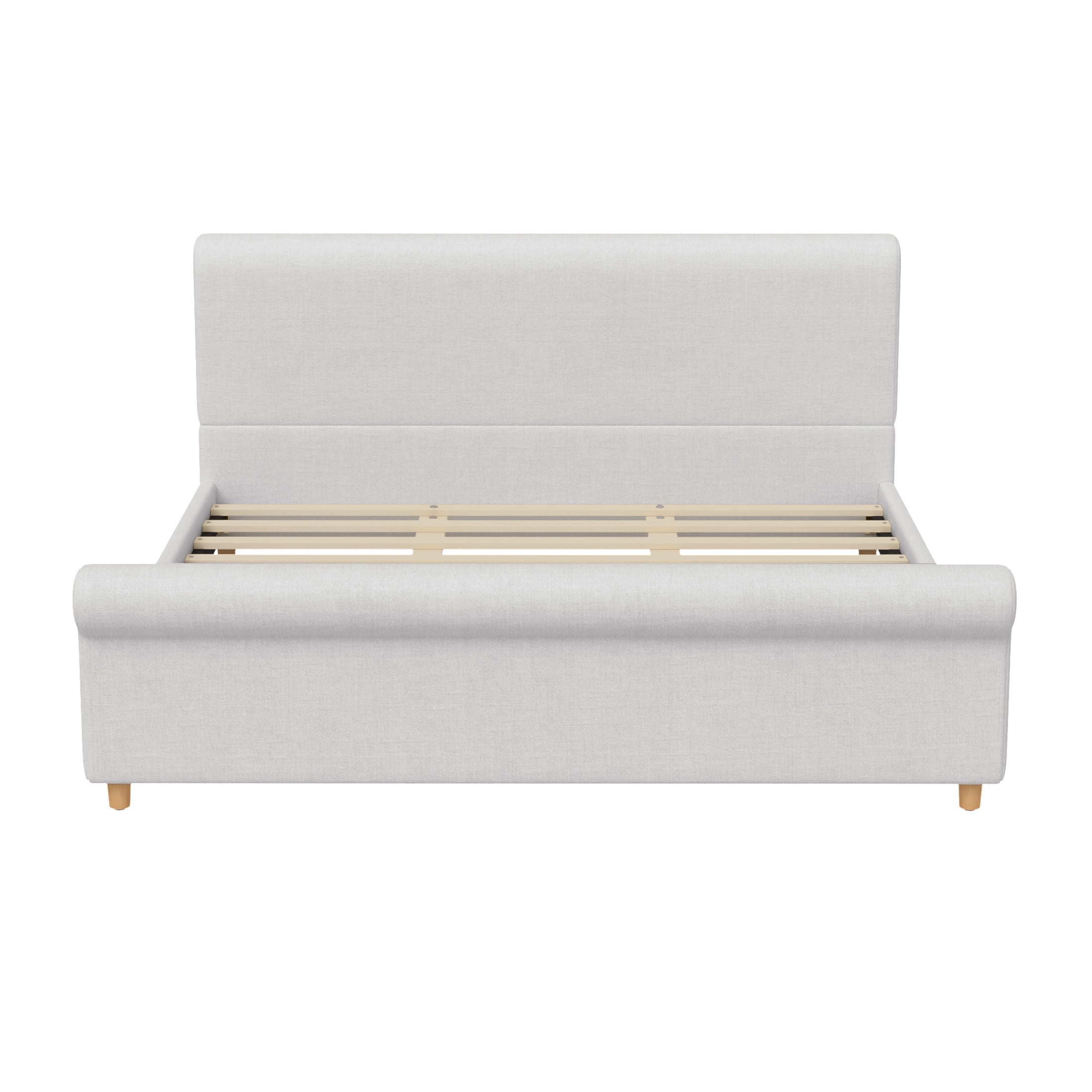 GDF Studio Flora King Size Upholstered Sleigh Bed Frame with High Headboard, Solid Wood Legs & Slats Support, Beige