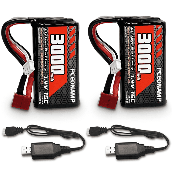 7.4V Li-ion Battery 3000mAh 2S with T Plug Rechargeable High Capacity RC Battery Fit for WLtoys 4WD High Speed RC Cars and Most 1/10, 1/12, 1/16 Scale RC Cars Trucks with 2 USB Chargers
