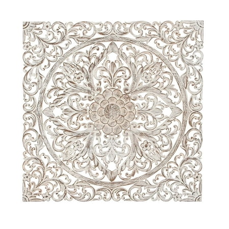 - Decmode Traditional Carved Floral Medallion Pine Wood Wall Panel, Brown