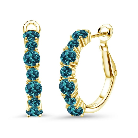 Gem Stone King 18K Yellow Gold Plated Silver London Blue Topaz Hoop Earrings for Women (3.42 Cttw, Gemstone November Birthstone, Round 4MM and 3MM)