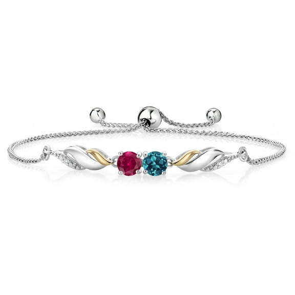 Gem Stone King 1.72 Ct London Blue Topaz Red Created Ruby 925 Silver and 10K Yellow Gold Lab Grown Diamond Bracelet for Women