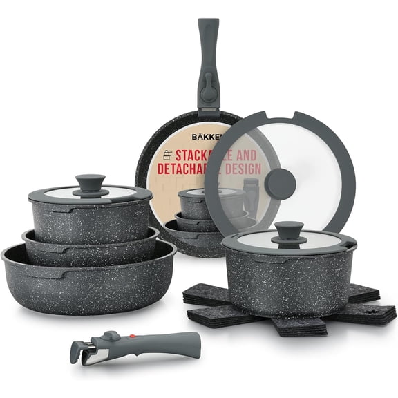 BAKKENMASTER 15 Piece Non Stick Granite Cookware Set, Black