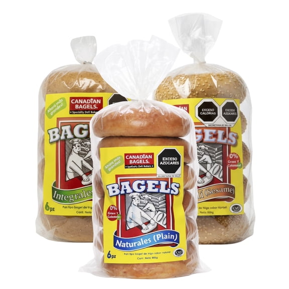 3 Pack Canadian Bagels Surtidos 6pz 800gr cada uno,  Natural, Integral y Ajonjolí | Pan Artesanal, Suave y Esponjoso | Ideales para el Desayuno