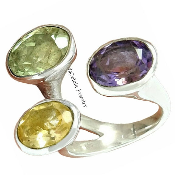 Amethyst, Green Amethyst & Citrine Ethnic Ring, 925 Sterling Silver Fine Jewelry, Stackable Ring, Unique Multi Stone Ring, Adjustable Ring, Mothers Day Gifts, Best Giftable Ring (7)