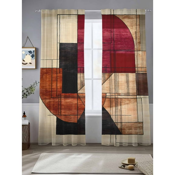 Red Beige Geometric Sheer Curtains for Living Room Bedroom Modern Abstract Art Sheer Curtains 84 Inch Long 2 Panels Set Light Filtering Curtain Window Treatments Drapes for Dining Room
