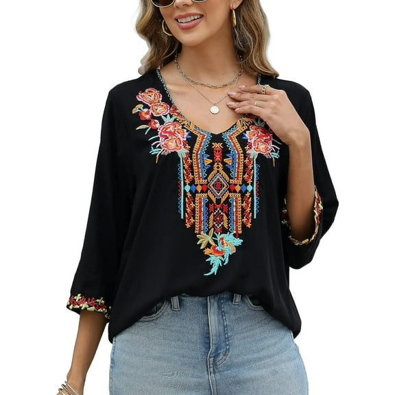 Women's Boho Embroidered Tops 3/4 Sleeve Mexican Peasant Shirts Bohemian Loose Tunic Blouses