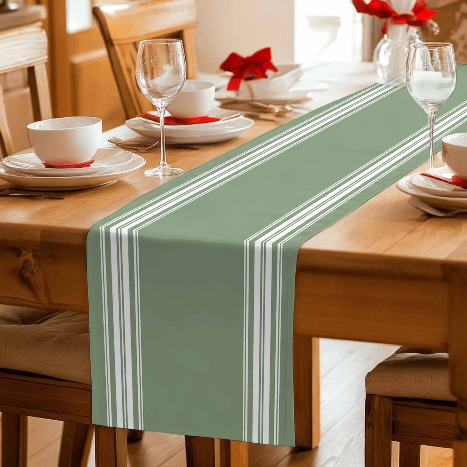 Dark Sage Green Table Runner, Farmhouse Sage Green White Striped Washable Cotton Linen Table Runners 60 Inches Long, Dresser Scarf Runner for Coffee/TV Stands/Kitchen/Cabinets 13''x60''