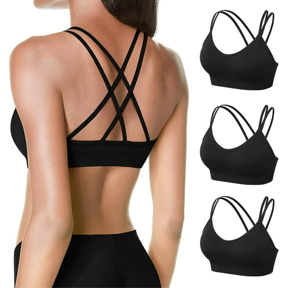 Women's Cross Back Sports Bra Padded Strappy Medium Support Yoga Bra for Workout Fitness 3 Pack
