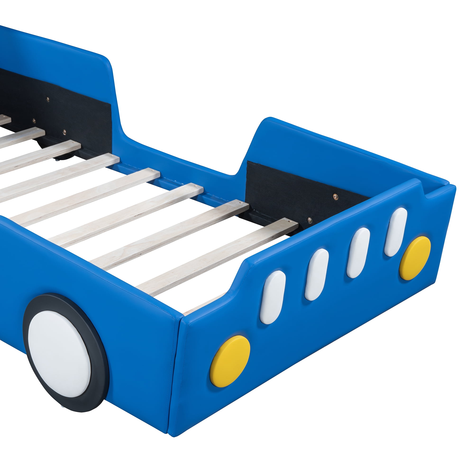 Twin Bed Frames for Boys,Race Car Platform Bed with Wheels,Soft PU Leather Headboard and Footboard,Car Twin Bed Frames,80"x41"x27",Blue
