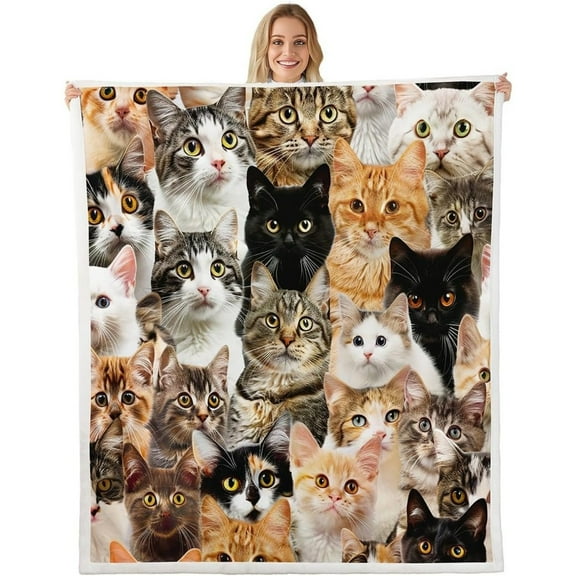 1pc Cozy Cat Plush Blanket - Cute Kitten & Tabby Cat Pattern, Soft Microfiber Flannel Throw for Bed, Sofa, Couch - Hypoallergenic, Machine Washable, All-Season Decorative Blanket for Youngsters & Adu