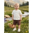 thumbnail image 5 of BemeyourBBs Toddler Baby Boy Summer Clothes Infant baby Boys Cotton Linen Outfits Short Sleeve Solid Color Button Down Shirt Tops and Elastic Waist Pockets Shorts 2Pcs Set, 5 of 9