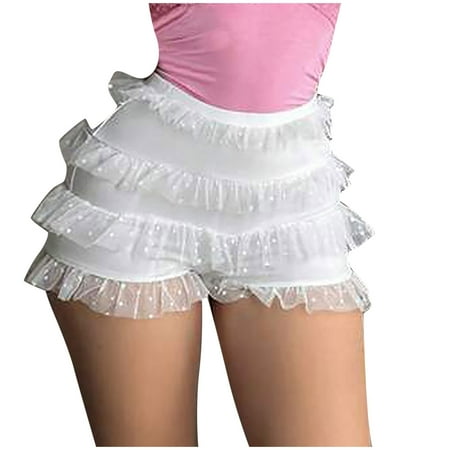 Lovskoo Womens Pajamas Shorts Bloomers Y2K Frill Lace Bloomer Shorts Cute Ruffle Pants Frilly Pjs Shorts White
