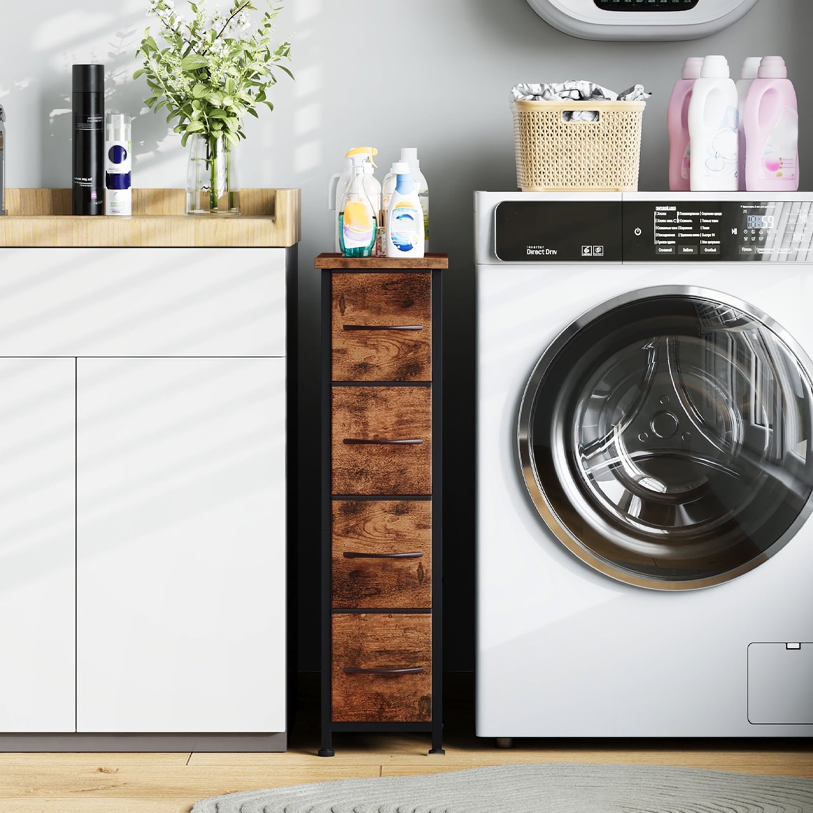 Eunos Narrow Dresser with 4 Slim Drawers for Bathroom Storage Cabinet Hallway, Wood Grain Print