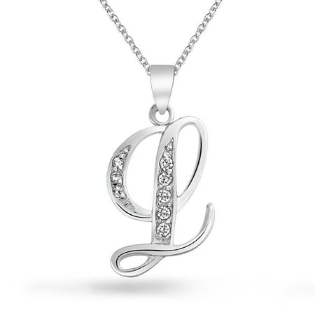 Initial 925 Silver Jewelry Pendant - 925 Silver CZ Cursive Initial Letter L Alphabet Necklace