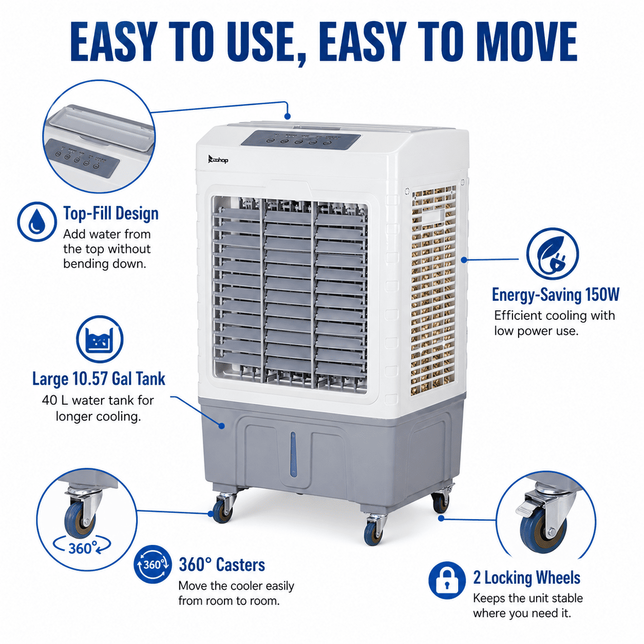 Alvantor 3 in 1 Portable Evaporative Air Cooler, 2647 CFM Swamp Cooler with Remote, 10.57 Gal Tank, 90°Oscillation, Gray and White