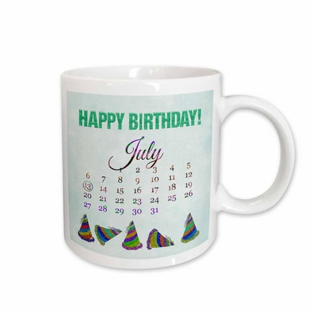 

3dRose Birthday on July 13th Glitter Look Happy Birthday and Colorful Hats Ceramic Mug 15-ounce