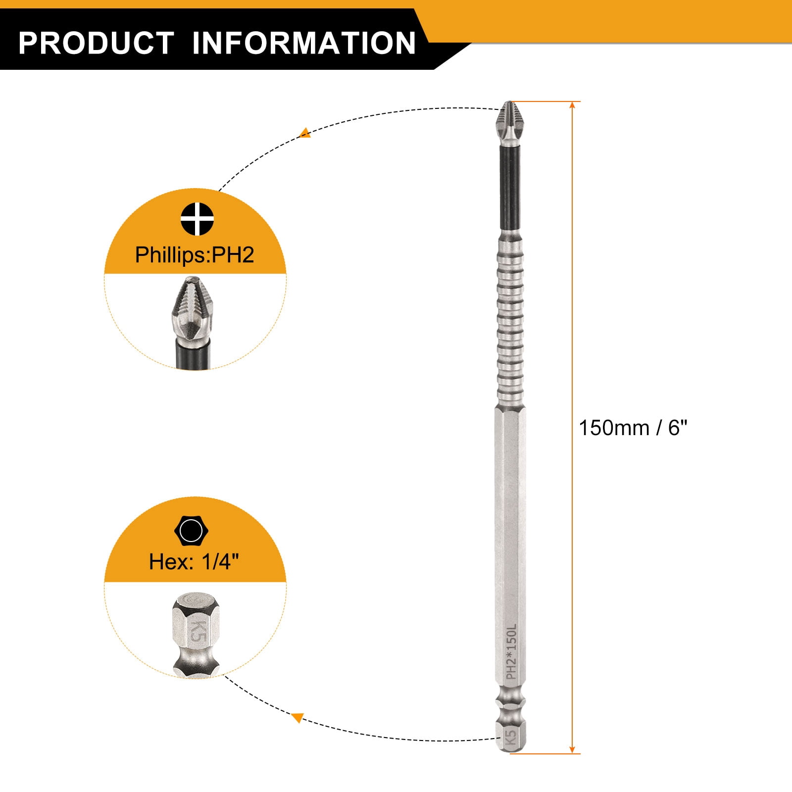 Uxcell 10pcs Impact Phillips Screwdriver Bit PH2 (#2) Anti Slip Tip 1/4" Hex Shank 6" (150mm) Long Magnetic Cross Screw Driver Industrial Power Drill Bits