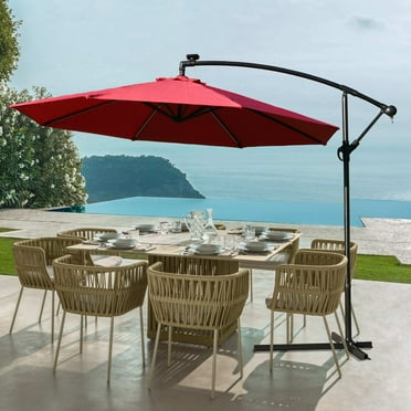 DAVEE 9.5 Ft Offset Cantilever Hanging Patio Umbrella with Solar LED Light- RED