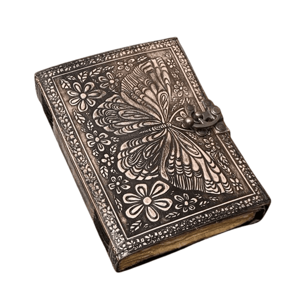 Handmade Leather Journal 5x7 Inch with Lock – 200 Pages Vintage Deckle Paper – Butterfly Engraved Writing Notebook – Rustic Diary for Women & Men