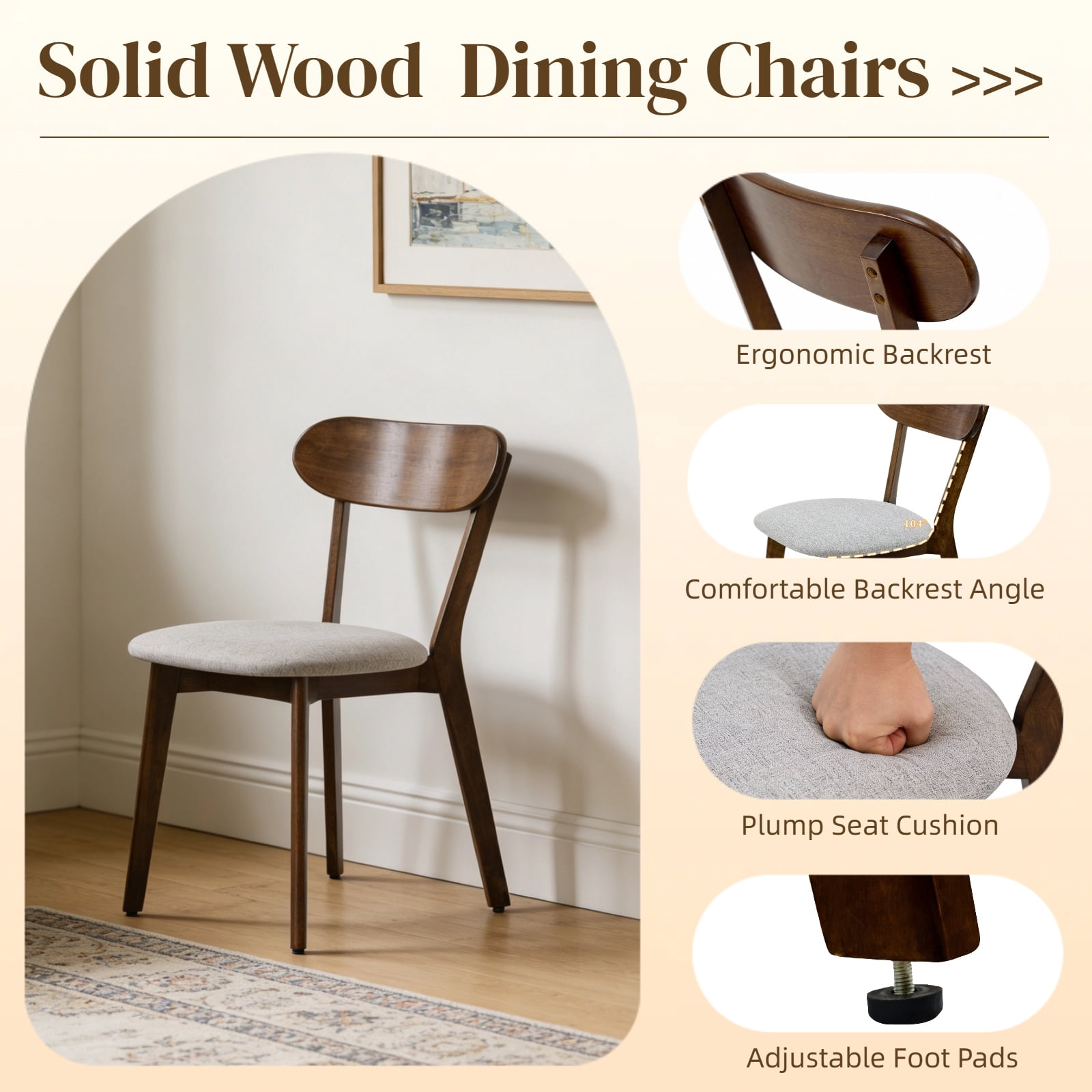 Dining Chairs, Set of 2 Solid Wood with Upholstered Cushion, Curved Backrest and Adjustable Foot Pads, Mid Century Design for Dining Room, Walnut with Gray Cushion