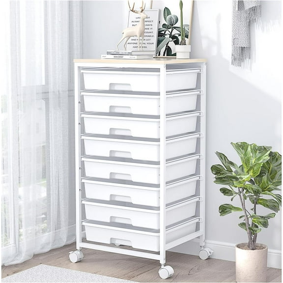 Rolling Storage Cart with Drawers,Utility Cart With 8 Drawers and Wooden Tabletop,Rolling Drawer Cart,Storage Drawer Cart for Living Room,Classroom,Bedroom,Bathroom,Dorm,Office,White