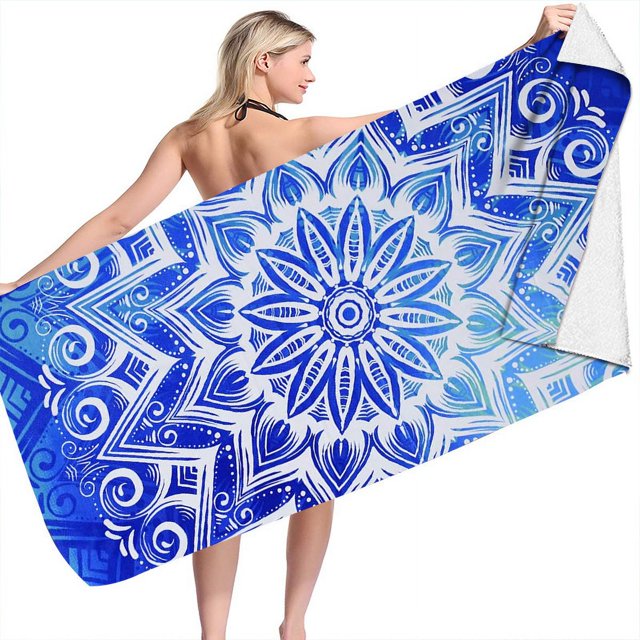 Toalla de Playa de Microfibra de Gran Tamaño, Extra Grande 160x80 cm, Mandala Azul Boho, Manta de Piscina de Viaje de Secado rápido para Viajes de Verano, Camping, para Mujeres, Hombres, Mamá, Papá, A