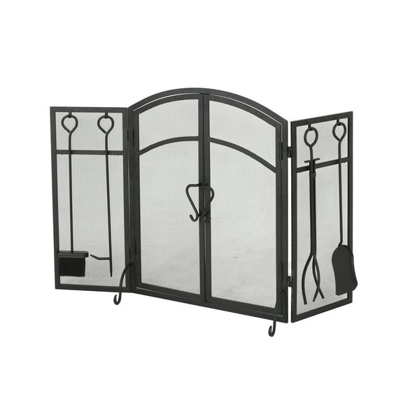 Skypatio Wrought Iron Fireplace Screen with Tool Set, Mesh Firepit Screen with Doors, Black