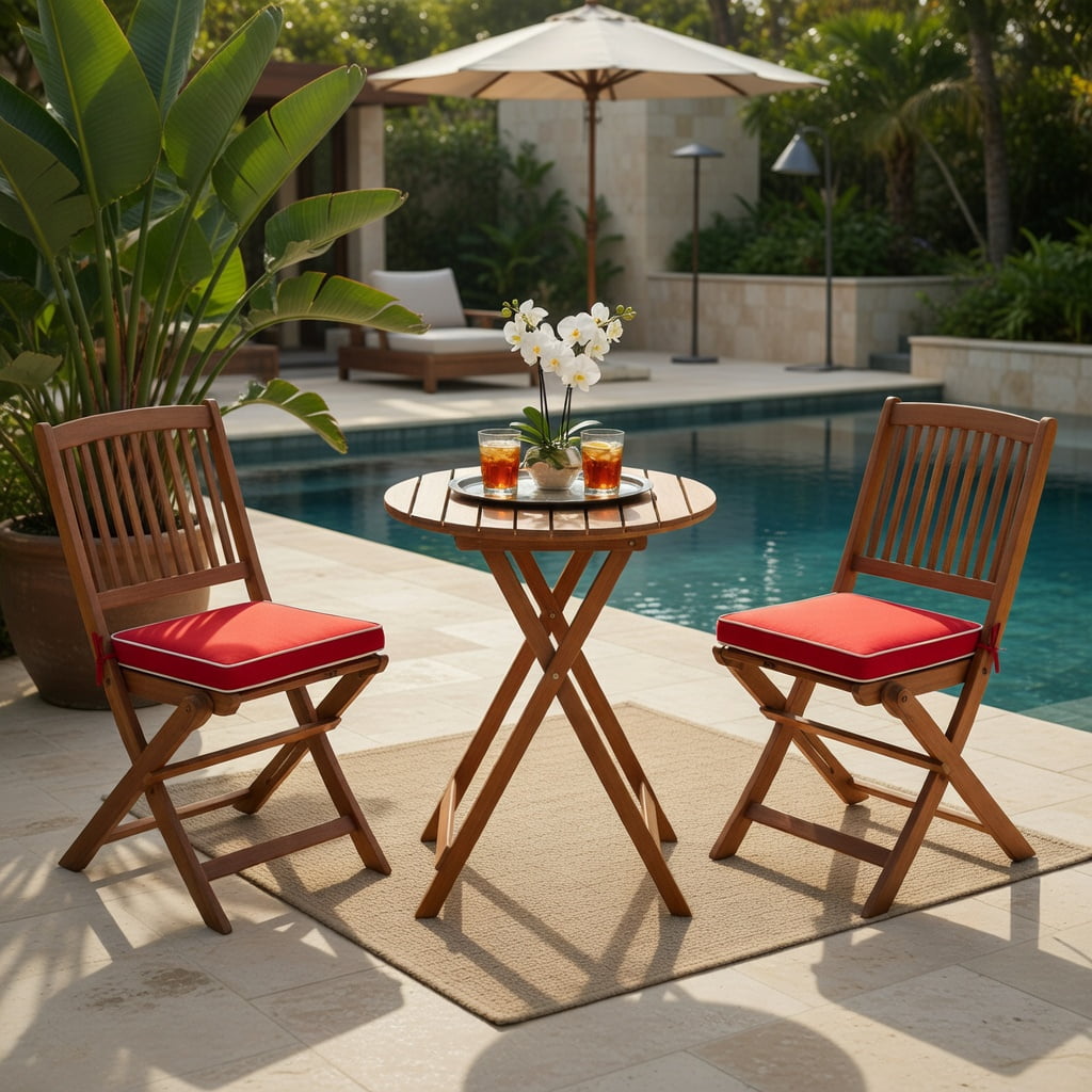 Hommoo 3-Piece Foldable Outdoor Bistro Set, Acacia Wood Patio Chairs & Round Coffee Table with Removable Cushions, Red
