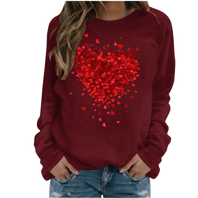 KIHOUT Chandail de Mode pour Femmes à Manches Longues, Décontracté, Imprimé de la Saint-Valentin, Col Rond, Chandail à Col Rond, Tunique