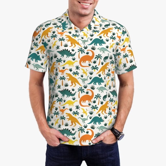 Saiise Dinosaurs and Tropical Leaves Print Mens Golf Shirt Moisture Wicking Quick-Dry Print Performance Polo Shirts for Men-Small
