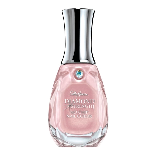 Sally Hansen Diamond Strength® Nail Color in a faceted glass bottle with a reflective silver cap, featuring a soft pink polish infused with micro-diamonds and platinum for 10-day no chip protection against breaking, splitting, and cracking, suitable for durable nail care.