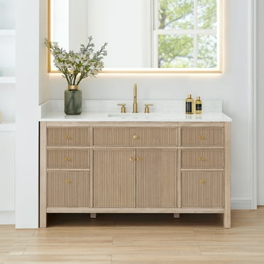 Cerrito 60" Single Wood Vanity in Nature Oak Engineered Stone Top no Mirror