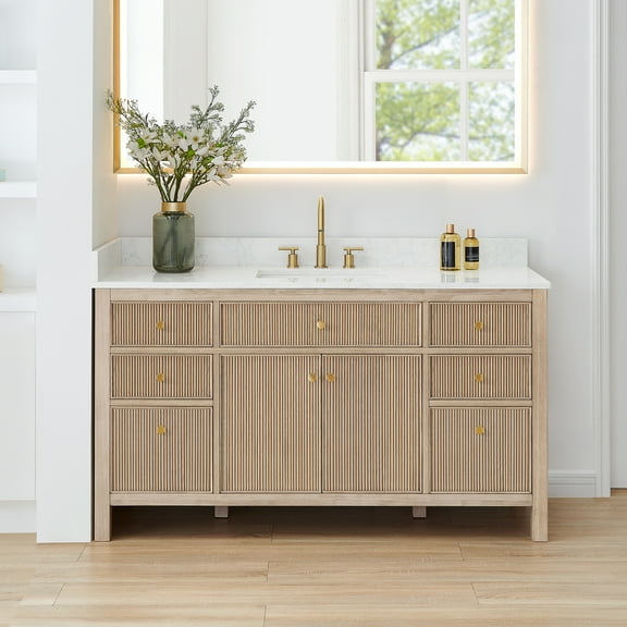 Cerrito 60" Single Wood Vanity in Nature Oak Engineered Stone Top no Mirror
