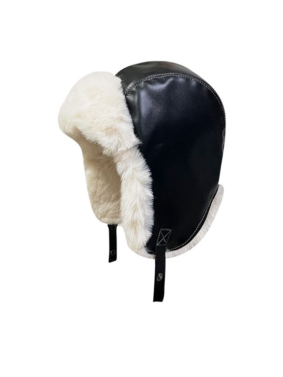 Womens Vintage Moto Trapper Hat Faux-Leather Wrap Long Fluff Fleece-Lined for Downtown Outings Black