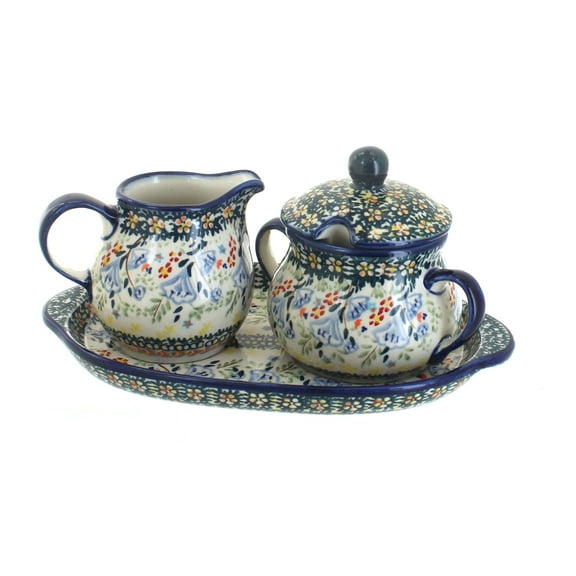 Blue Rose Polish Pottery Periwinkle Sugar & Creamer with Tray