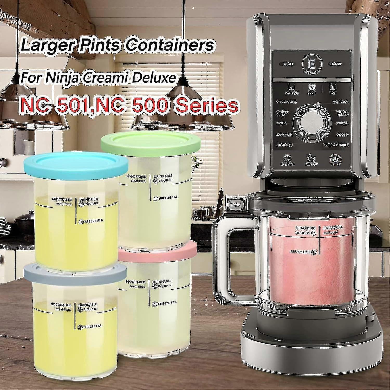 For Ninja Creami Deluxe Pints And Lids, 4pcs Replacement Pints And Lids Compatible With Ninja Nc501 Nc500 Series Ice Cream Maker