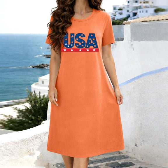 Uootdi Womens 4th of July Dresses Crew Neck Short Sleeve USA Print Sundresses Casual Loose Lightweight Soft Comfy Holiday Wear Gift