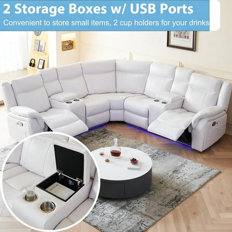 Comfort Stretch Manual Recliner Sofa Sets with LED Lights Faux Leather Reclining Sectional Couch for Living Room Furniture Sets with USB Port Storage