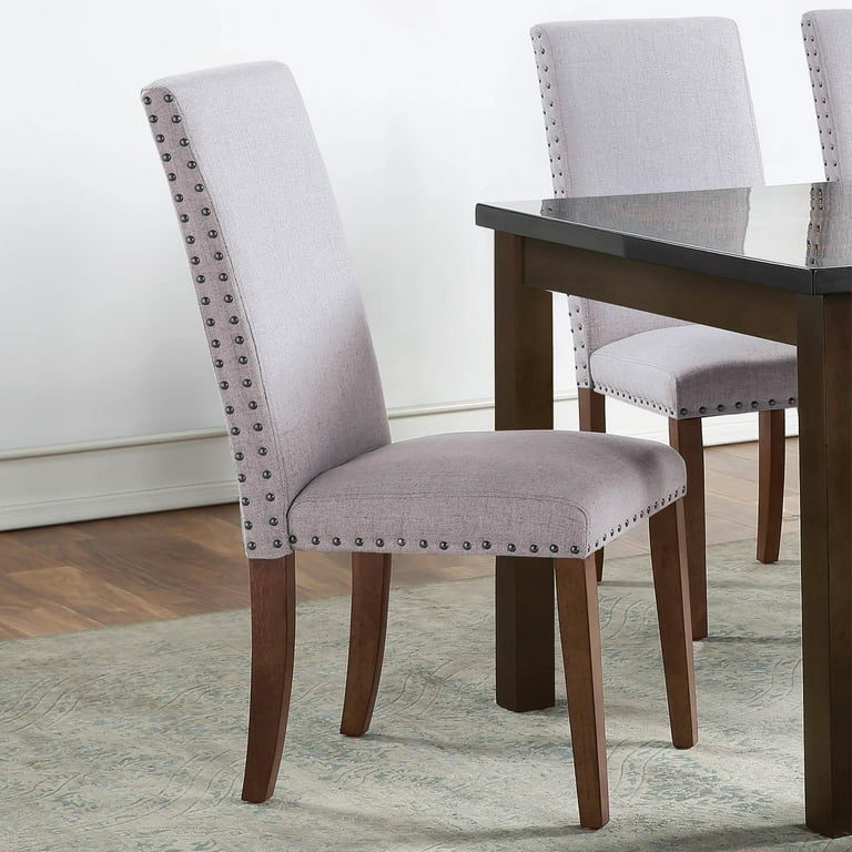 Upholstered Fabric Dining Chairs with Copper Nails and Solid Wood Legs Gray