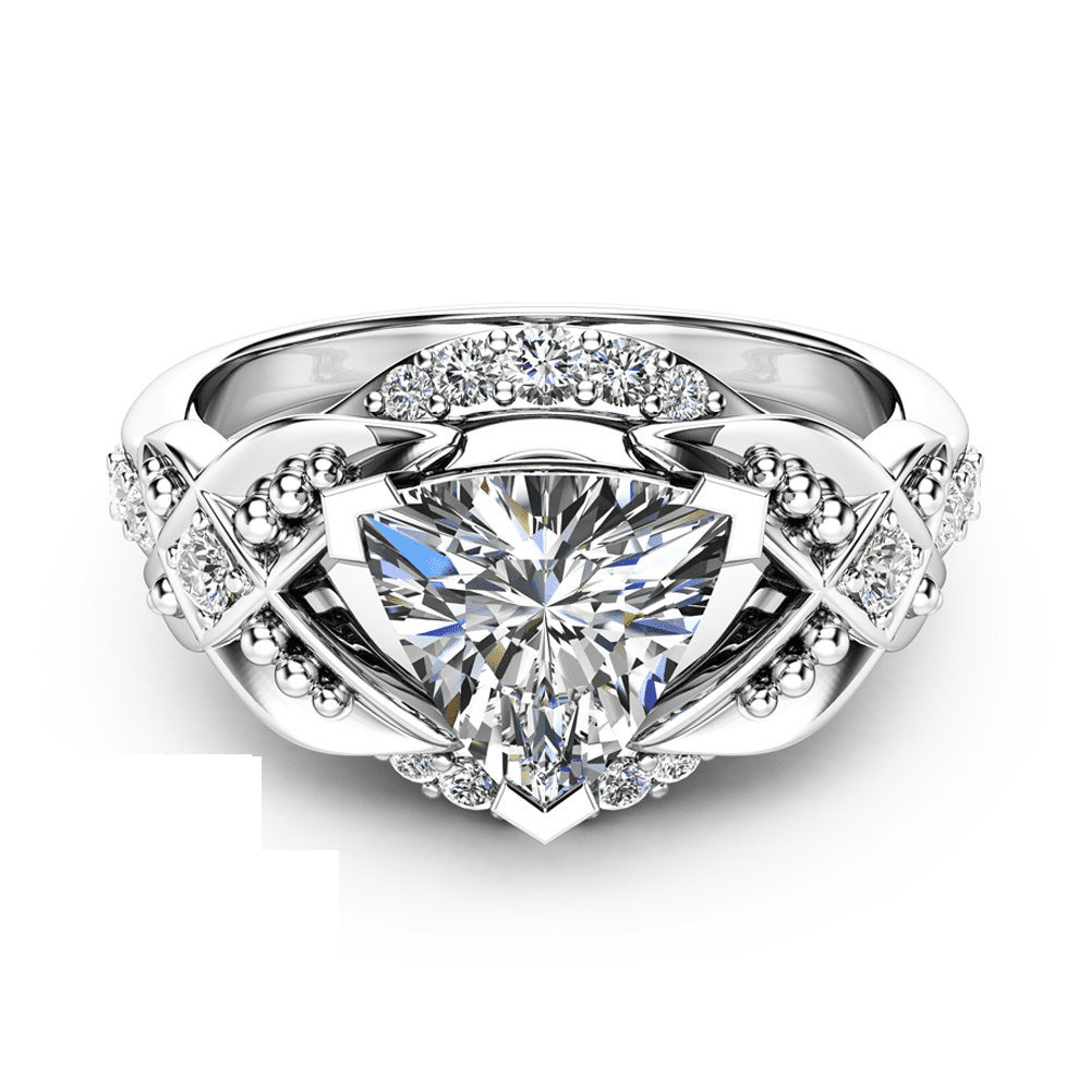 HeartsAndYou 1.6ct Trillion Cut Moissanite Engagement Ring for Women 18k White Gold Over Silver Antique Inspired Unique