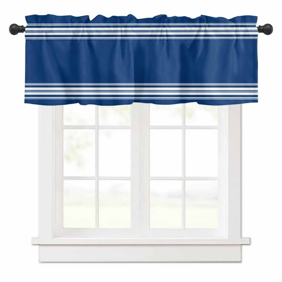 Valances for Windows White Stripes Geometric Blue Background Valance Rod Pocket Window Treatments Curtains for Kitchen Small Windows Living Room Bedroom Bathroom, 42"x18"