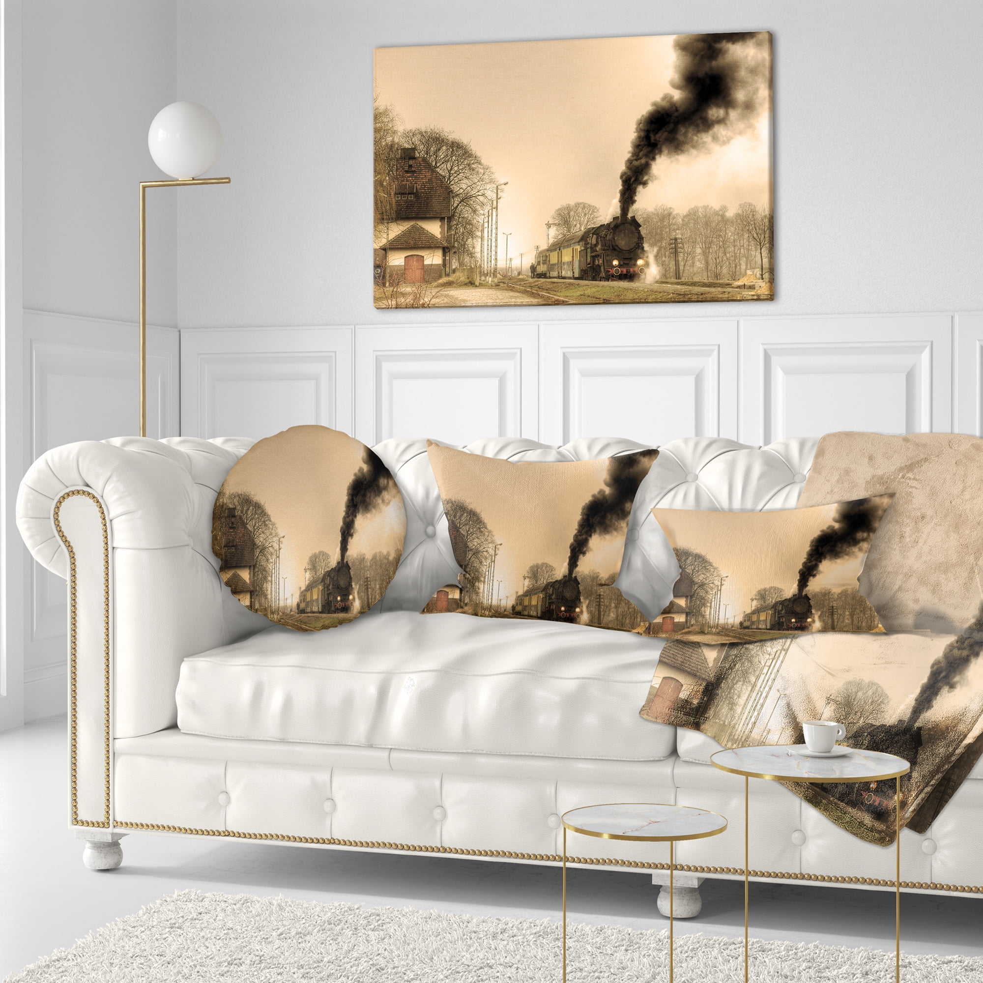 Designart Retro Steam Train - Landscape Photography Throw Pillow - 12x20