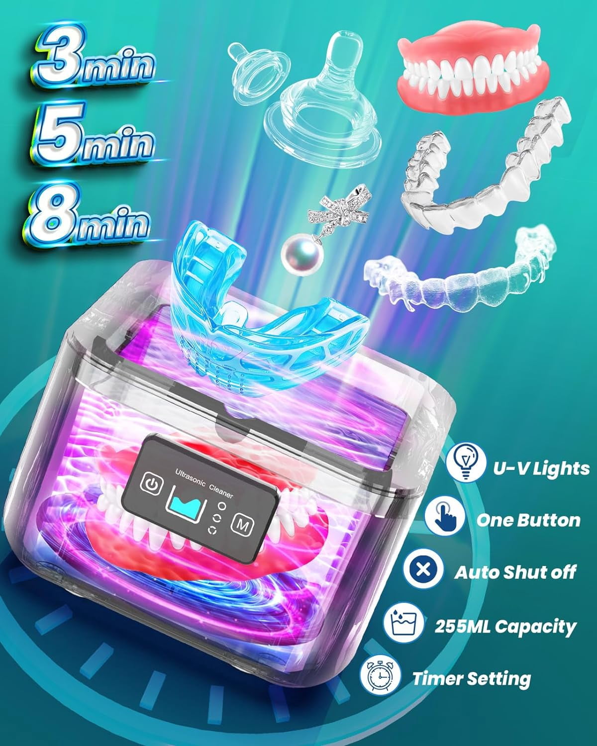 QD-Gotrays Ultrasonic Cleaner, Portable Ultrasonic Jewelry Cleaner Mouth Guard Cleaner 3 Timer