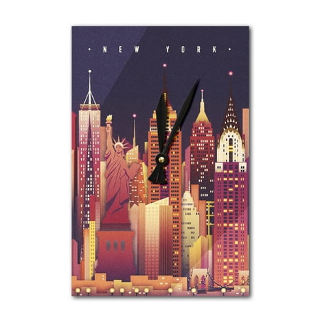 Empire Clock - New York City, New York - Neon Skyline (Empire State Building Center) - Lantern Press Artwork (Acrylic Wall Clock)