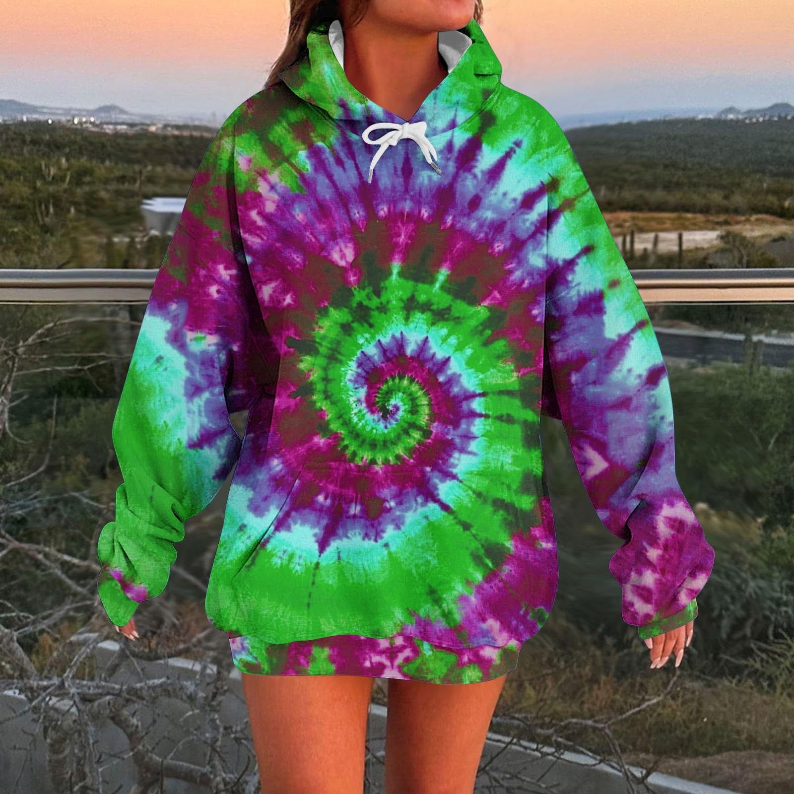 INSTANTARTS Tie Dye Hooded Pullover Top For Women - Long Sleeve, Front Pocket, Loose Fit For Casual & Athletic Wear